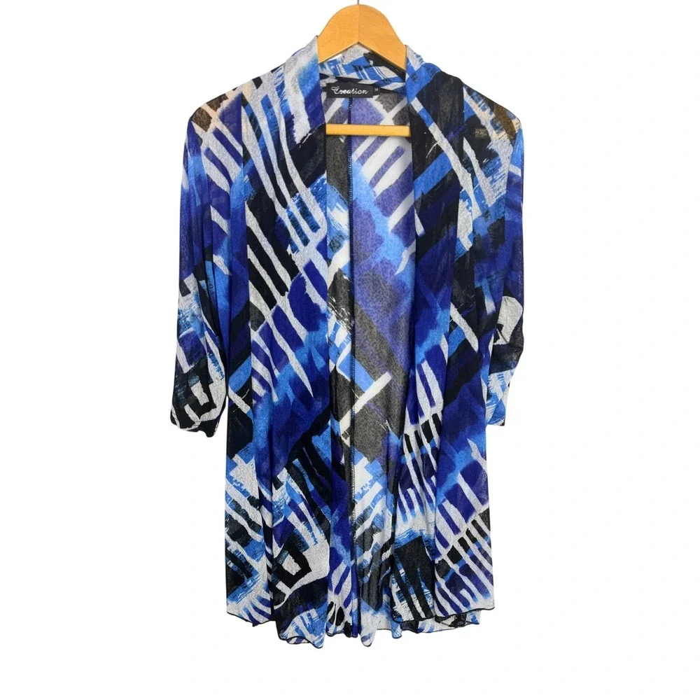 Creation‎ Women Blue Black Abstract Print Open Front Longline Cardigan Size M